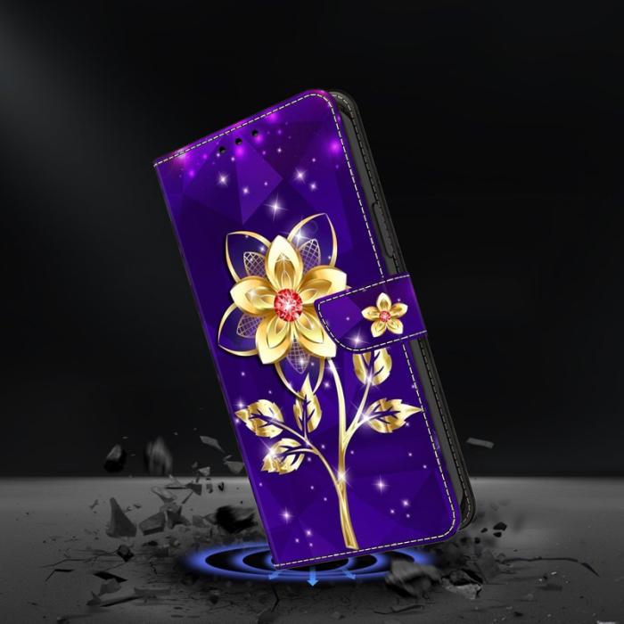OEM - Samsung Galaxy S26 Plånboksfodral Konstläder Ställ - Guld Blommor på Lila
