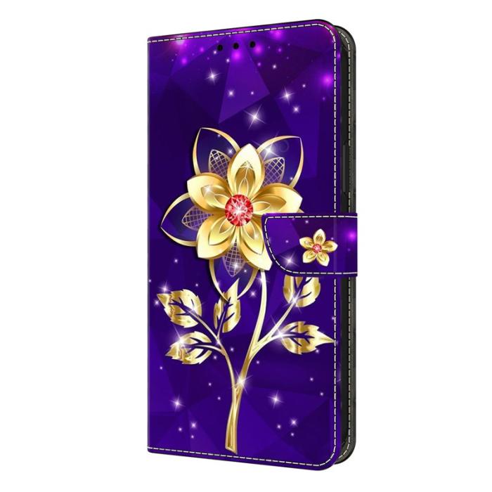 OEM - Samsung Galaxy S26 Plånboksfodral Konstläder Ställ - Guld Blommor på Lila