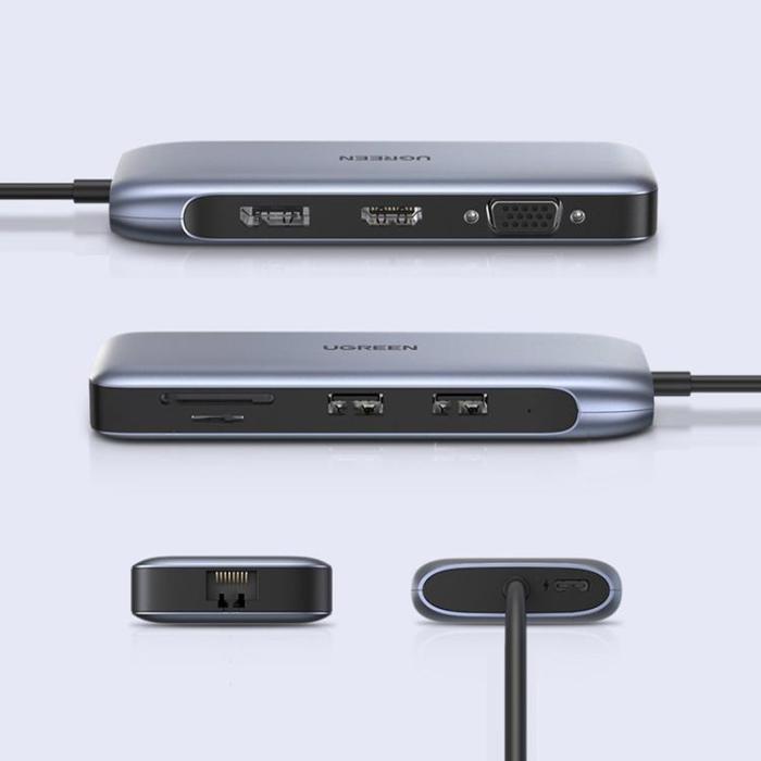 UTGATT1 - Ugreen Multi-Functional HUB 9in1 HDMI VGA 2 x USB-C 100W - Grå