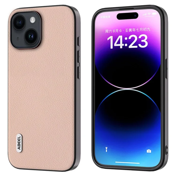 ABEEL - ABEEL iPhone 15 Mobilskal Äkta Läder Litchi - Rosa