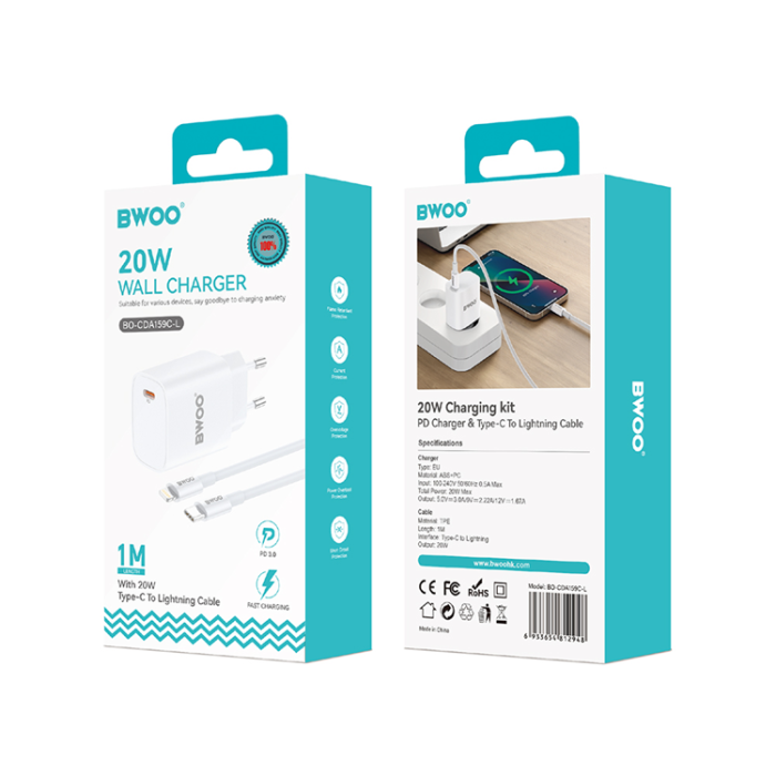 BWOO - BWOO Väggladdare 20W + Kabel USB-C Till Lightning 1m - Vit