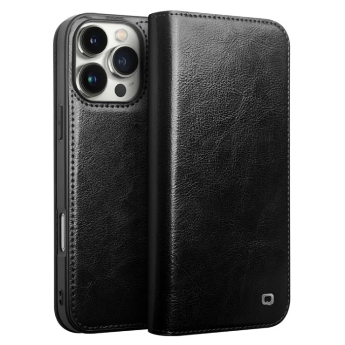 QIALINO - Qialino iPhone 16 Pro Plånboksfodral Äkta Läder - Svart
