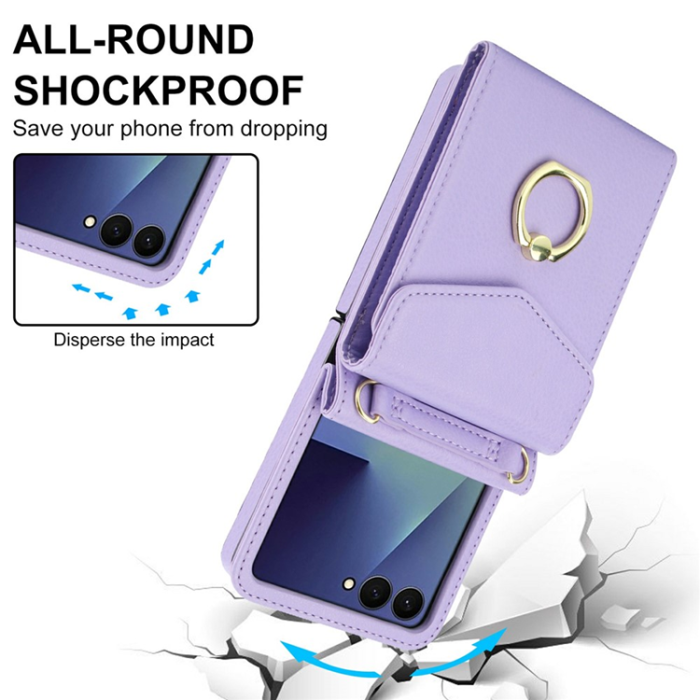 A-One Brand - Galaxy Z Flip7 Plånboksfodral Litchi med Axelrem - Ljuslila