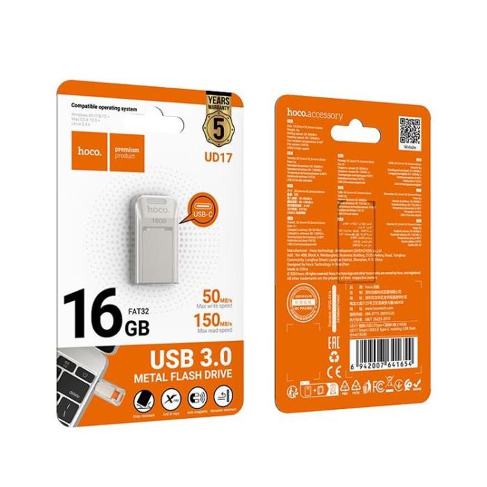 Hoco - Hoco Pendrive 16GB USB-A, USB-C UD17 USB 3.0 - Pärl Nickel