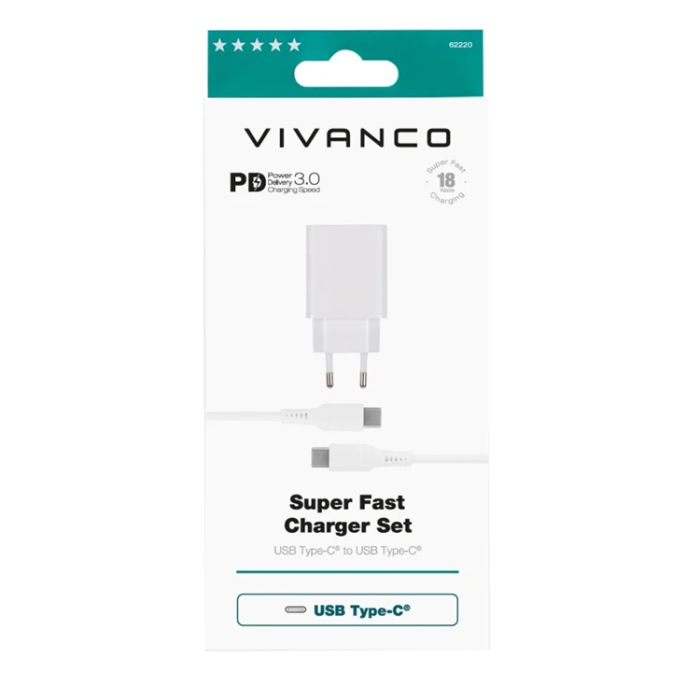 UTGATT1 - Vivanco Hemladdare USB 18W Till USB-C Kabel 1.2m - Vit