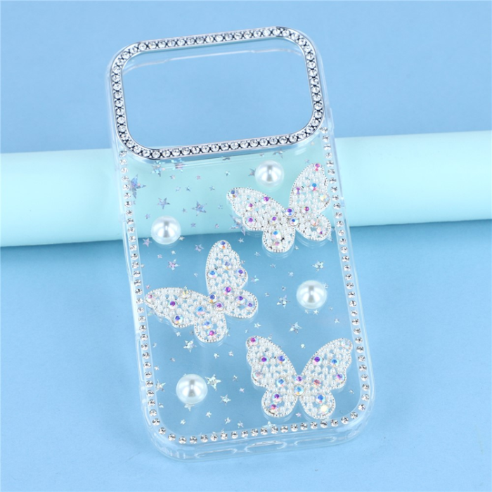 A-One Brand - iPhone 17 Pro Max Mobilskal Rhinestone Edge Pearl Butterfly