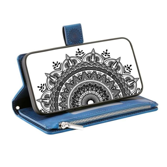 OEM - iPhone 15 Plus Plånboksfodral Mandala Flower Imprinted - Blå