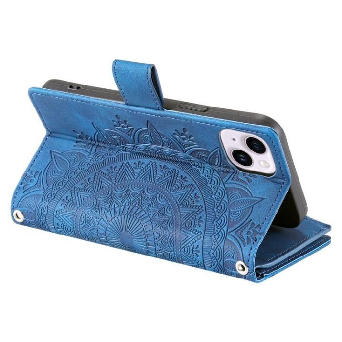 OEM - iPhone 15 Plus Plånboksfodral Mandala Flower Imprinted - Blå