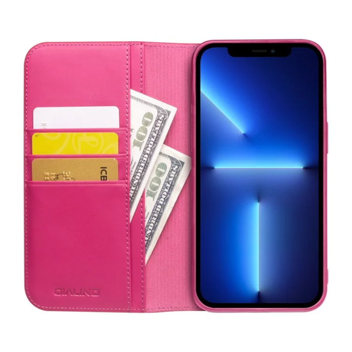 QIALINO - Qialino iPhone 13 Pro Plånboksfodral Äkta läder - Rosa