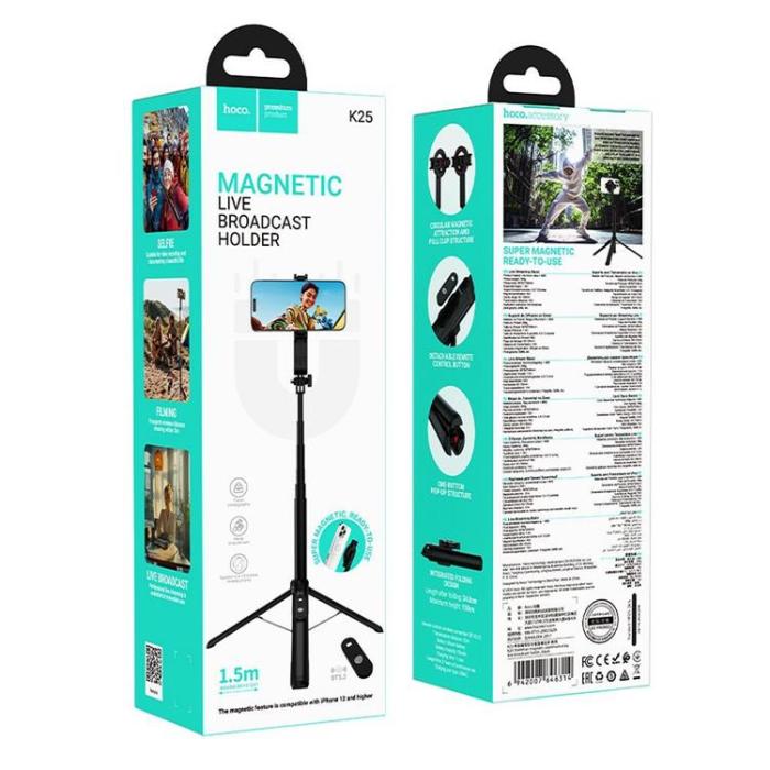 Hoco - Hoco Magnetisk Selfie Stick Bluetooth Tripod med Fjärrkontroll K25 - Svart