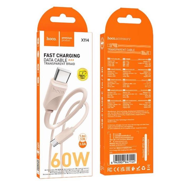 Hoco - HOCO USB-C - USB-C 60W 3A Kabel 1m X114 - Rosa