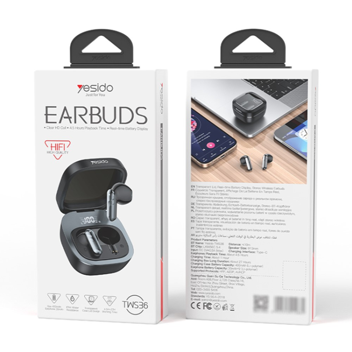 Yesido - YESIDO TWS Trådlösa Bluetooth-Hörlurar Semi In-ear TWS36 - Svart