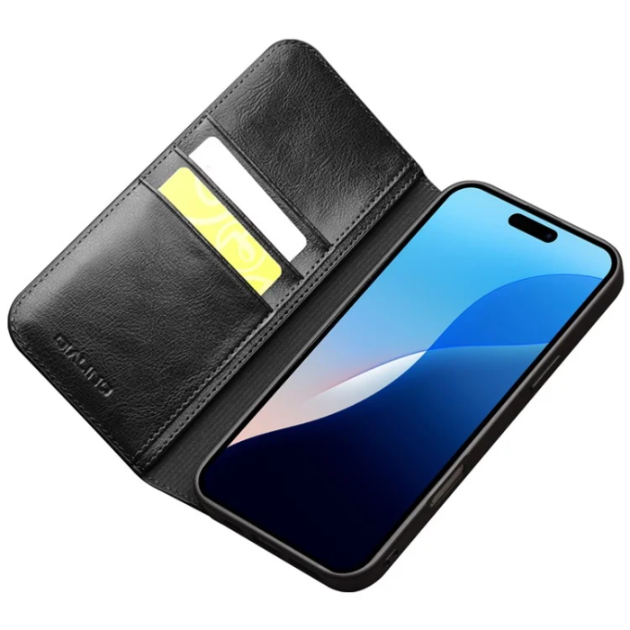 QIALINO - Qialino iPhone 16 Pro Plånboksfodral Äkta Läder - Svart