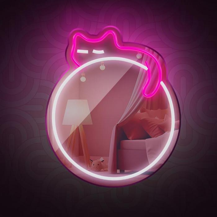 Forever Light - Forever Light Neon MIRROR LED SLEEPING CAT FMNE03 - Rosa