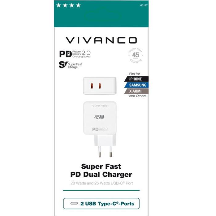 UTGATT1 - Vivanco Super Snabb Väggladdare 45W 2x USB-C - Vit
