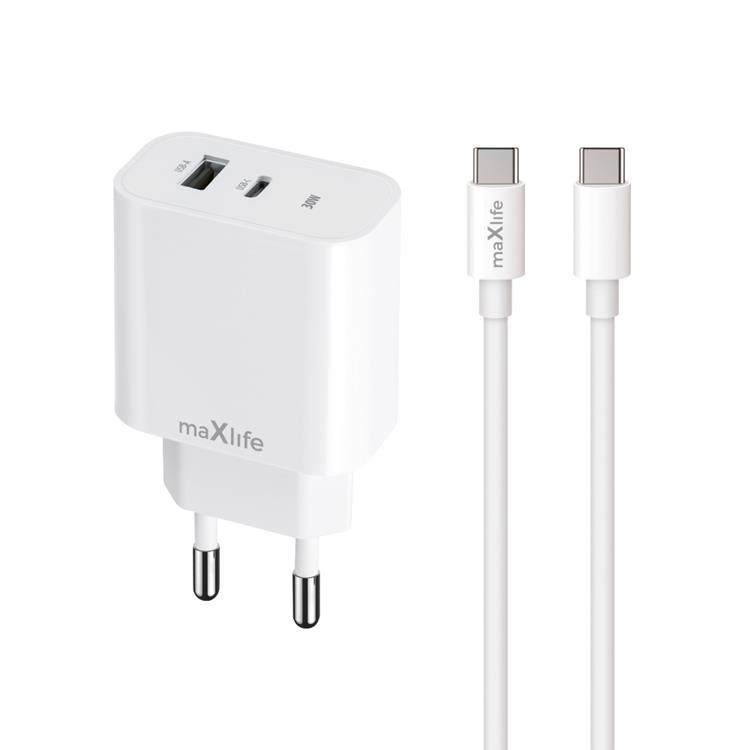 Maxlife Väggladdare USB/USB-C 30W med USB-C/USB-C Kabel PD QC | 505295 | AlltMobil