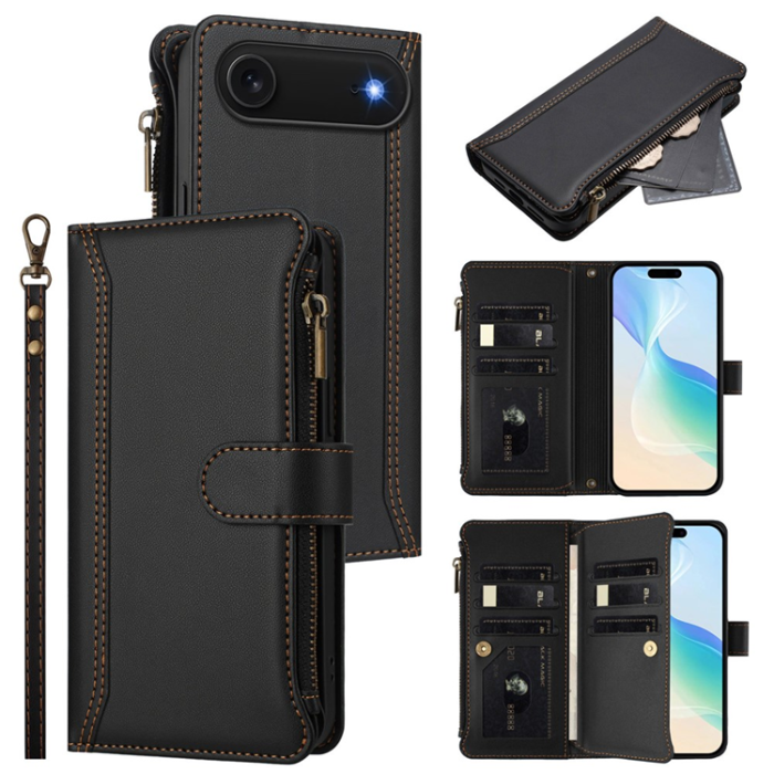 A-One Brand - iPhone Air Plånboksfodral Zipper Med Rem - Svart