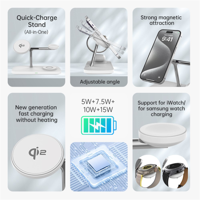 OEM - Qi2 MagSafe Trådlös Laddare iPhone, Apple Watch, Airpods T255 - Vit