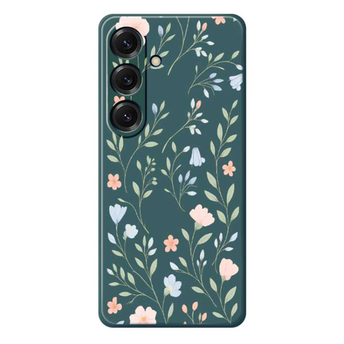 A-One Brand - Galaxy S25 Mobilskal Pink Blue Flowers Straight Edge - Grön