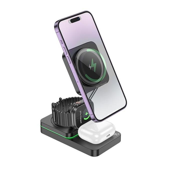 Hoco - Hoco 3-in-1 Trådlös Laddare Magsafe 15W iPhone, Apple Watch, AirPods - Svart