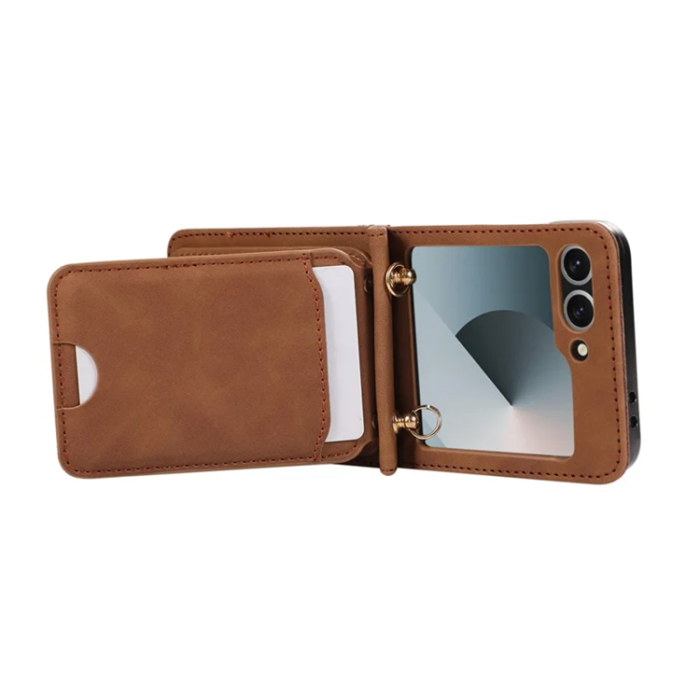 A-One Brand - Galaxy Z Flip7 Plånboksfodral Kickstand med Axelrem - Brun