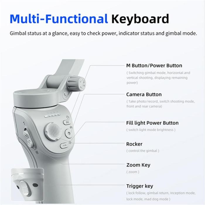 OEM - Handhållen Gimbalstabilisator Anti-shake 3-Axlig med Fyllnadsljus M01