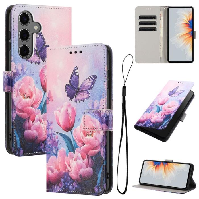 OEM - Plånboksfodral för Samsung Galaxy S26 Konstläder Mönster - Rosa Blomma Fjäril