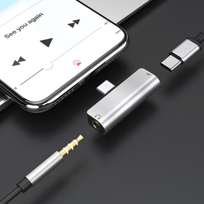 Hoco - HOCO ljudomvandlare LS26 USB-C Jack 3,5mm + USB-C silver