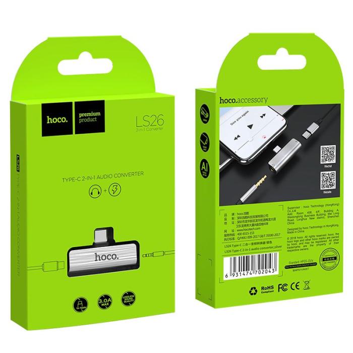 Hoco - HOCO ljudomvandlare LS26 USB-C Jack 3,5mm + USB-C silver