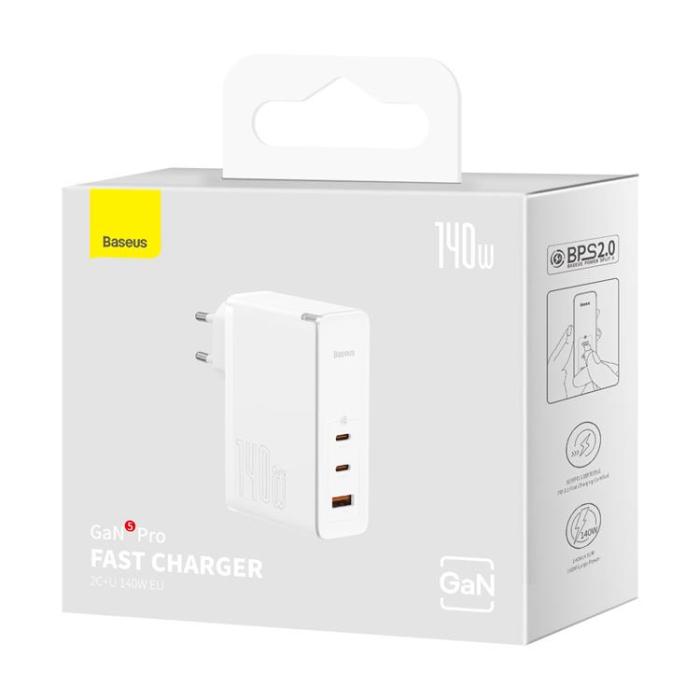 BASEUS - Baseus GaN5 EU Väggladdare USB-A Till 2x USB-C 140W - Vit