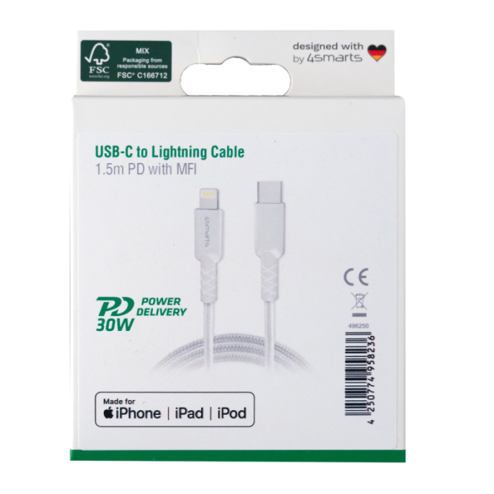 UTGATT1 - 4smarts USB-C to Lightning Kabel RapidCord 1.5 m - Vit