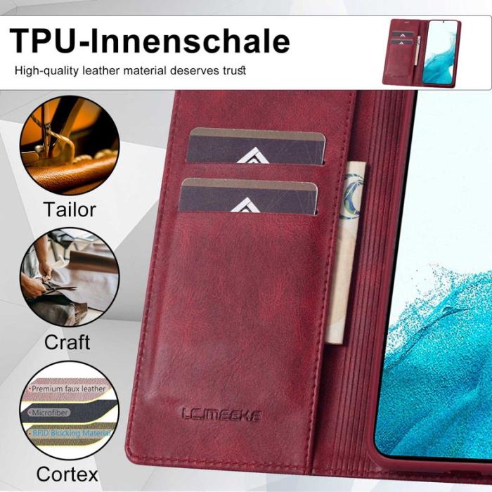 LC.imeeke - LC.IMEEKE Plånboksfodral för Samsung Galaxy S21 FE 5G - Röd Konstläder