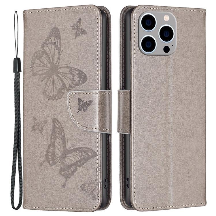 iPhone 14 Pro Plånboksfodral Butterflies Imprinted - Grå | 2353 | AlltMobil