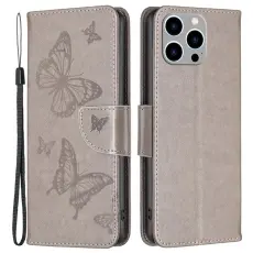 OEM - iPhone 14 Pro Plånboksfodral Butterflies Imprinted - Grå