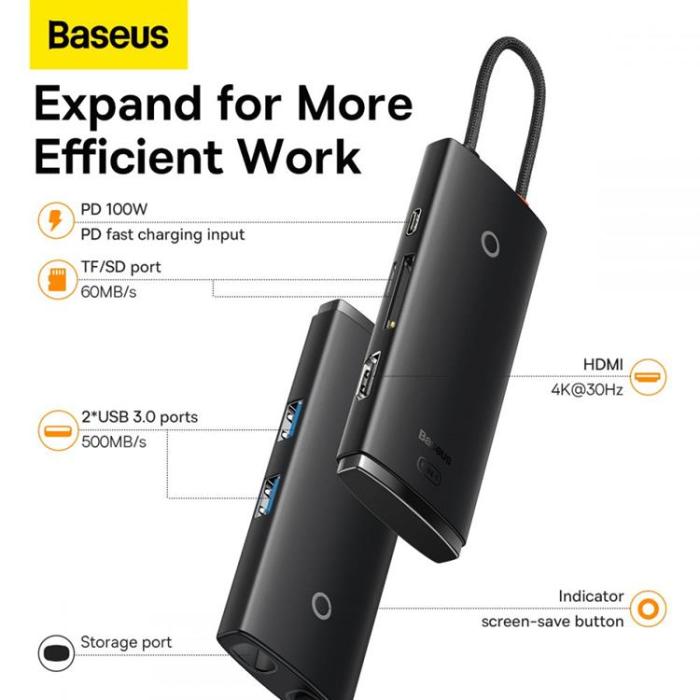 UTGATT1 - Baseus Lite Series 6-Port USB-C Hub Adapter - Svart
