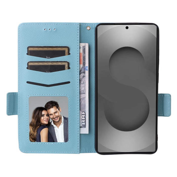 A-One Brand - Galaxy S26 Ultra Plånboksfodral Litchi Läder med Rem - Babyblå