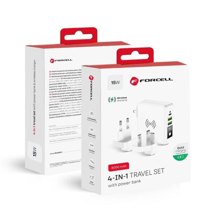 Forcell - Forcell 4in1 Väggladdare USB/USB-C och Powerbank 8000 mAh 15W - Vit