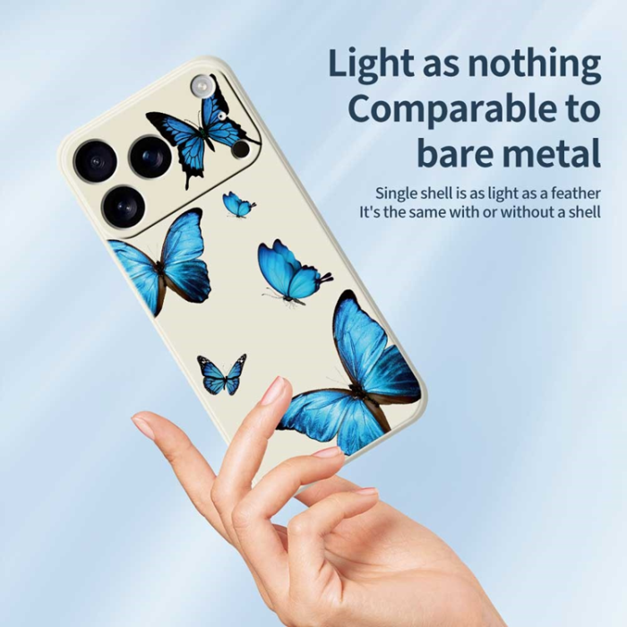 A-One Brand - iPhone 17 Pro Mobilskal Blue Butterflies Pattern TPU - Beige