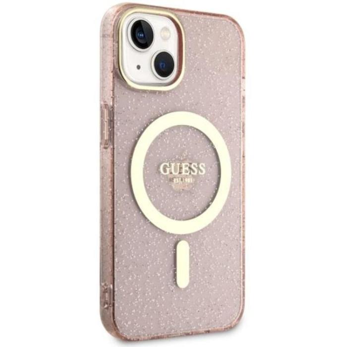 Guess - Guess iPhone 14 Plus Mobilskal MagSafe Glitter Guld - Rosa