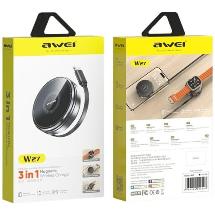 Awei - Awei Qi Trådlös Laddare 15W med USB-C Kabel W27 - Svart