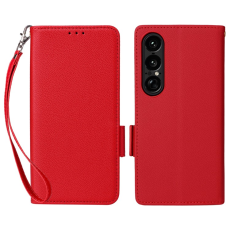 A-One Brand - Sony Xperia 1 VII Plånboksfodral Litchi Texture Med Rem - Röd