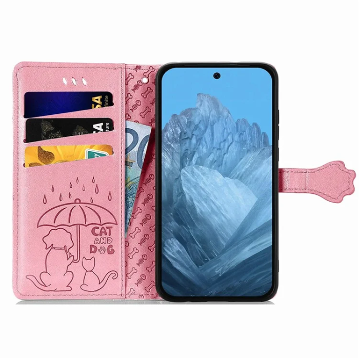 A-One Brand - Google Pixel 10/10 Pro Plånboksfodral Cat Dog Pattern - Rosa