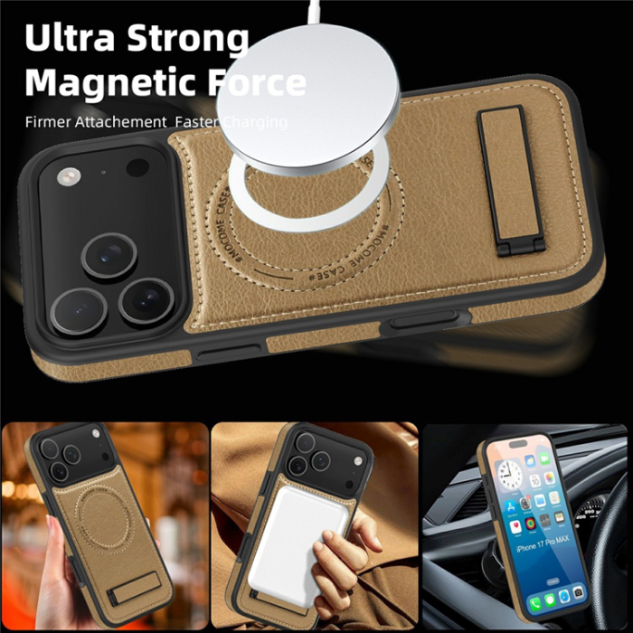 A-One Brand - iPhone 17 Pro Mobilskal MagSafe Kickstand Läder - Ökenguld