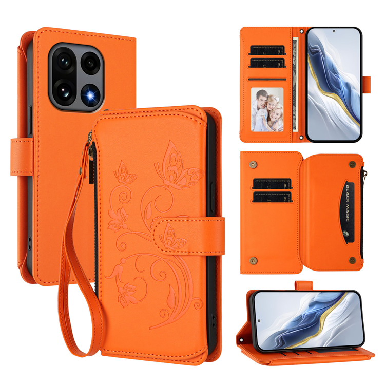 OnePlus 15 Konstläder Plånboksfodral Butterfly Floral Imprint Zipper (Orange) | 2353 | AlltMobil