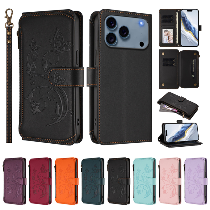 A-One Brand - iPhone 17 Pro Max Plånboksfodral Butterfly Floral Imprint - Svart
