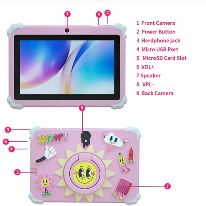 A-One Brand - Surfplatta För Barn Q88 1+16G Android 10 med Kickstand Skal - Rosa