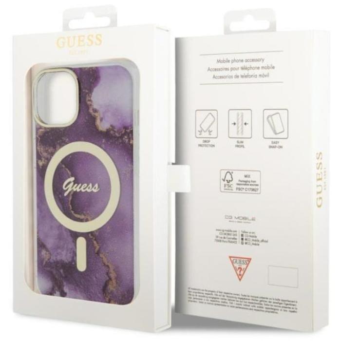 Guess - Guess iPhone 14 Mobilskal MagSafe Guld Marble - Lila