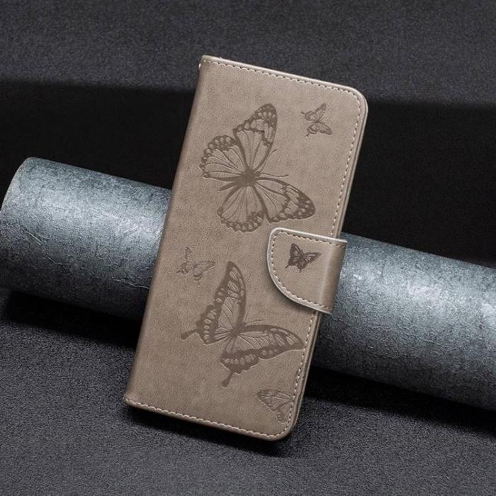 OEM - iPhone 14 Pro Plånboksfodral Butterflies Imprinted - Grå