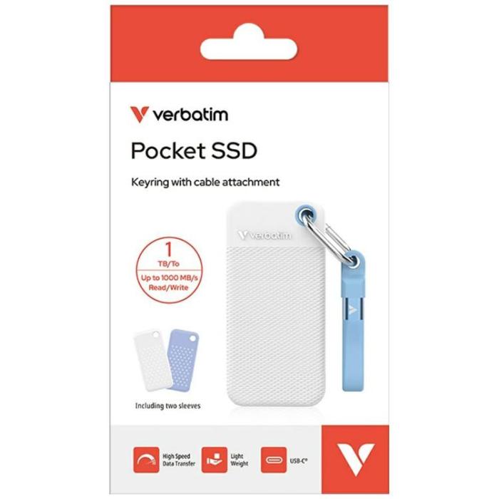 Verbatim - Verbatim Extern hårddisk Pocket SSD 1TB USB-C 3.2 Gen 2 - Vit/Ljusblå