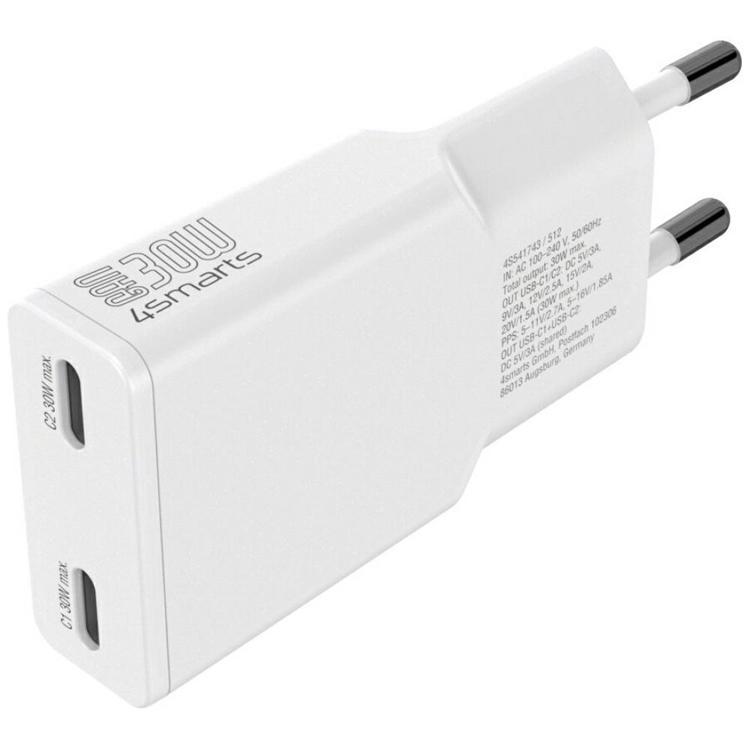 4smarts Snabbladdare 30W 2xUSB-C GaN FlatPlug Slim - Vit
